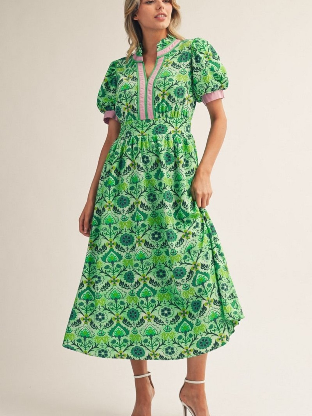 Jodifl‎ Floral Cottagecore Midi Dress green  pink  NWT medium Southern Style B-8